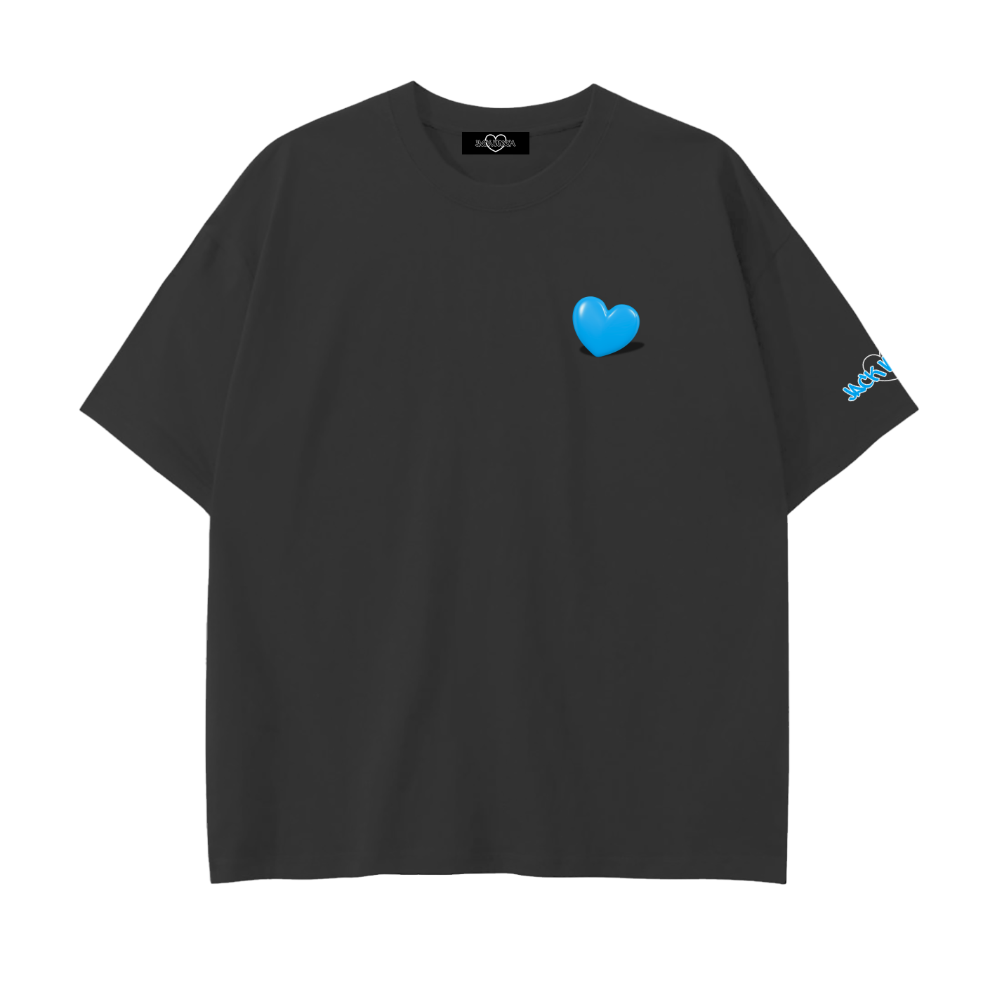 Black t-shirt with a blue heart design on a white background