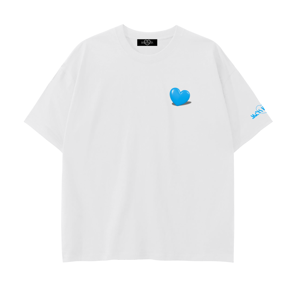 White t-shirt with a blue heart design on a white background